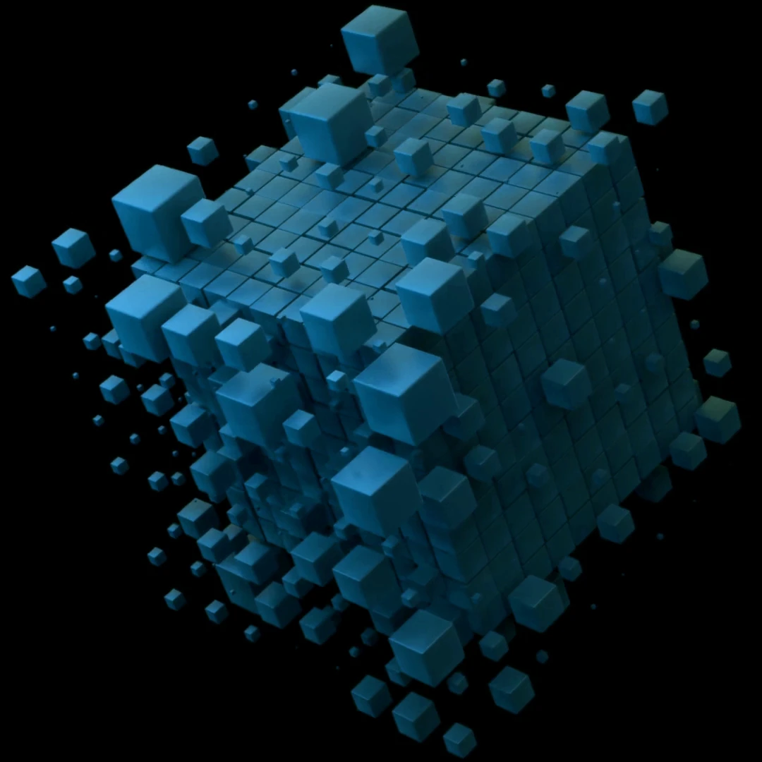 Cubo de voxels azul sobre fundo preto